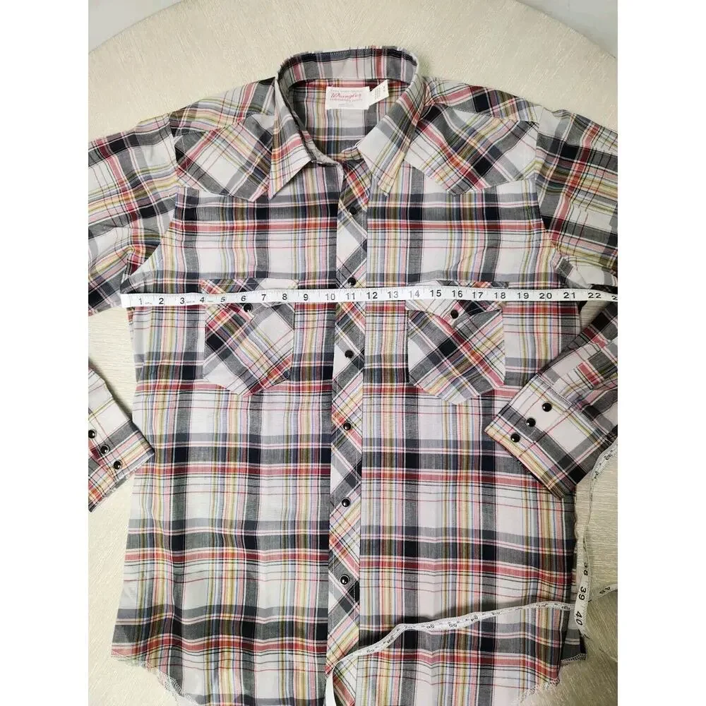 Vintage 60s Wrangler Cursive Label USA Western Plaid Pearl Buttons Nwot 16-34 - Picture 10 of 12